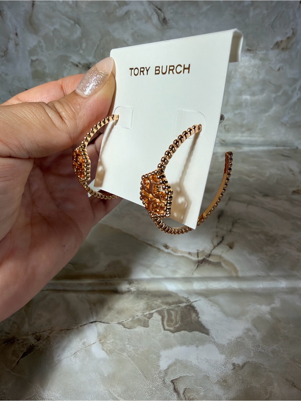 Tory Burch Miller Logo Hoop Earrings Rose Gold Pavé Double T - Picture 3 of 4